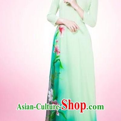 Traditional Top Grade Asian Vietnamese Costumes Classical Silk Full Dress and Loose Pants, Vietnam National Ao Dai Dress Green Qipao for Women