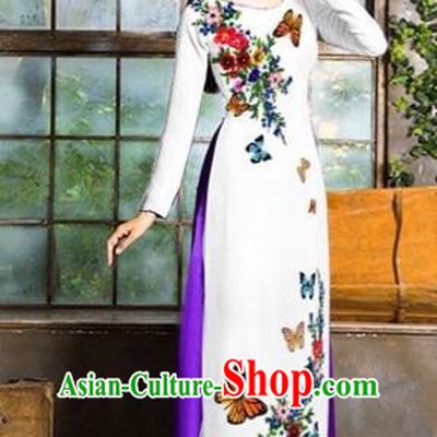 Traditional Top Grade Asian Vietnamese Costumes Classical Love of Butterfly Full Dress, Vietnam National Ao Dai Dress White Qipao for Women