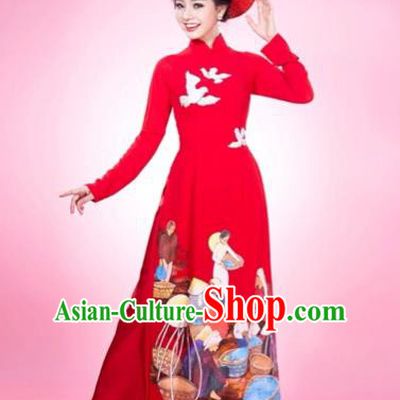 Traditional Top Grade Asian Vietnamese Costumes Classical Printing Full Dress and Loose Pants, Vietnam National Ao Dai Dress Red Qipao for Women