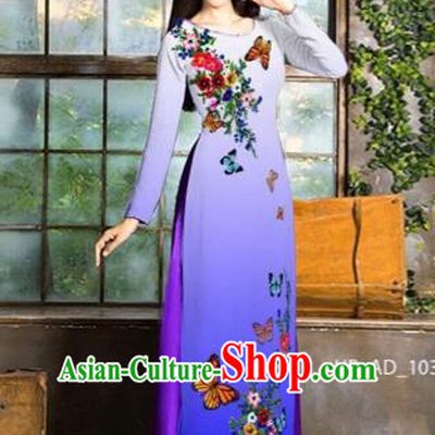 Traditional Top Grade Asian Vietnamese Costumes Classical Love of Butterfly Full Dress, Vietnam National Ao Dai Dress Purple Qipao for Women