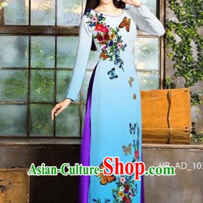 Traditional Top Grade Asian Vietnamese Costumes Classical Love of Butterfly Full Dress, Vietnam National Ao Dai Dress Blue Qipao for Women