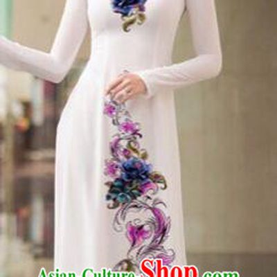 Traditional Top Grade Asian Vietnamese Costumes Classical Printing Flowers Full Dress, Vietnam National Ao Dai Dress White Qipao for Women