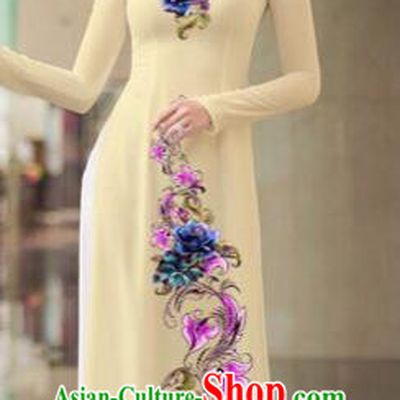 Traditional Top Grade Asian Vietnamese Costumes Classical Printing Flowers Full Dress, Vietnam National Ao Dai Dress Beige Qipao for Women