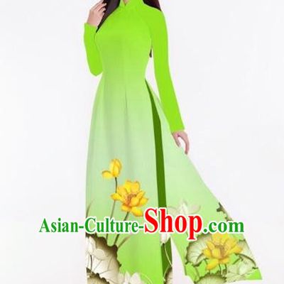 Traditional Top Grade Asian Vietnamese Costumes Classical Printing Lotus Full Dress, Vietnam National Ao Dai Dress Catwalks Light Green Qipao for Women