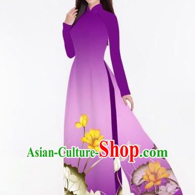Traditional Top Grade Asian Vietnamese Costumes Classical Printing Lotus Full Dress, Vietnam National Ao Dai Dress Catwalks Purple Qipao for Women