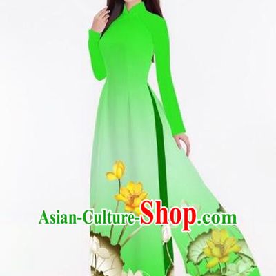 Traditional Top Grade Asian Vietnamese Costumes Classical Printing Lotus Full Dress, Vietnam National Ao Dai Dress Catwalks Green Qipao for Women