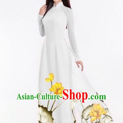 Traditional Top Grade Asian Vietnamese Costumes Classical Printing Lotus Full Dress, Vietnam National Ao Dai Dress Catwalks White Qipao for Women