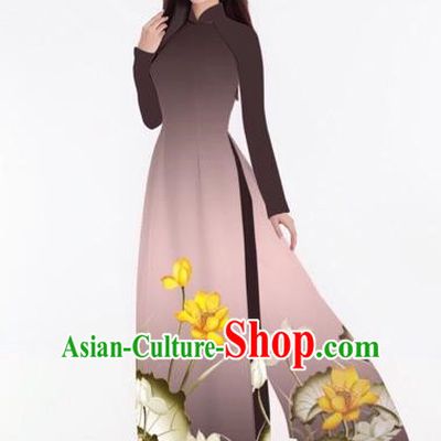 Traditional Top Grade Asian Vietnamese Costumes Classical Printing Lotus Full Dress, Vietnam National Ao Dai Dress Catwalks Coffee Qipao for Women