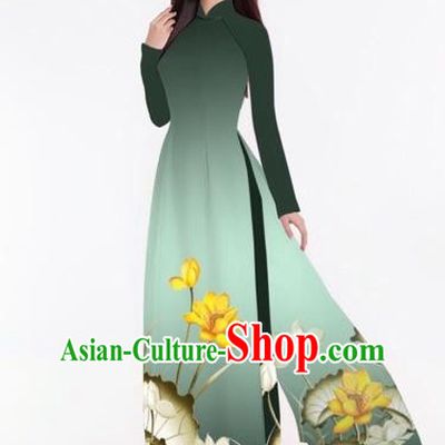 Traditional Top Grade Asian Vietnamese Costumes Classical Printing Lotus Full Dress, Vietnam National Ao Dai Dress Catwalks Atrovirens Qipao for Women
