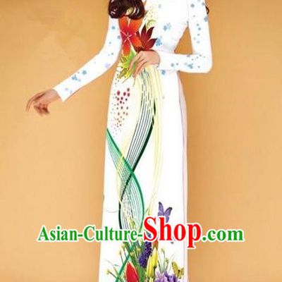 Traditional Top Grade Asian Vietnamese Costumes Classical Printing Butterfly Flowers Full Dress, Vietnam National Ao Dai Dress Catwalks White Qipao for Women