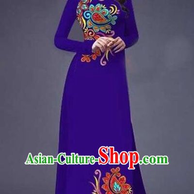 Traditional Top Grade Asian Vietnamese Costumes Classical Printing Flowers Pattern Full Dress, Vietnam National Ao Dai Dress Catwalks Purple Qipao for Women