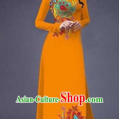 Traditional Top Grade Asian Vietnamese Costumes Classical Printing Flowers Pattern Full Dress, Vietnam National Ao Dai Dress Catwalks Ginger Qipao for Women