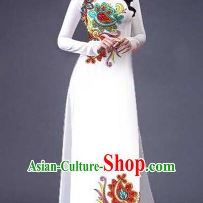 Traditional Top Grade Asian Vietnamese Costumes Classical Printing Flowers Pattern Full Dress, Vietnam National Ao Dai Dress Catwalks White Qipao for Women