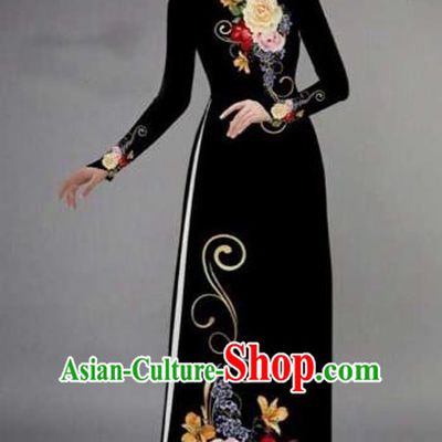 Traditional Top Grade Asian Vietnamese Costumes Classical Printing Peony Pattern Full Dress, Vietnam National Ao Dai Dress Catwalks Black Qipao for Women