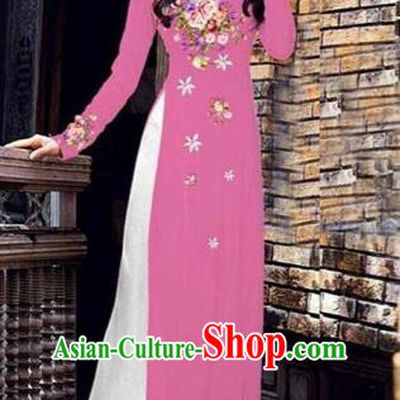 Traditional Top Grade Asian Vietnamese Costumes Classical Printing Peony Pattern Full Dress, Vietnam National Ao Dai Dress Catwalks Pink Qipao for Women