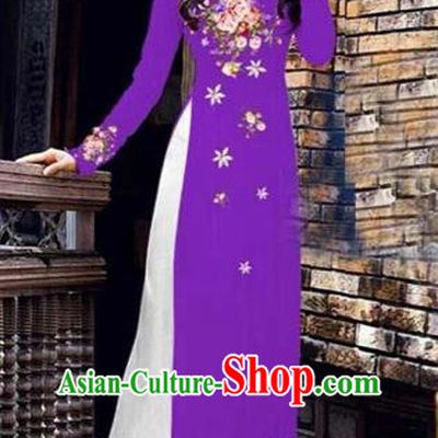 Traditional Top Grade Asian Vietnamese Costumes Classical Printing Peony Pattern Full Dress, Vietnam National Ao Dai Dress Catwalks Purple Qipao for Women