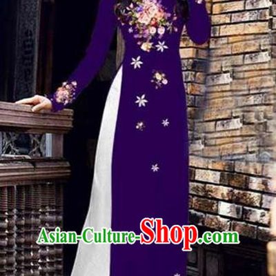 Traditional Top Grade Asian Vietnamese Costumes Classical Printing Peony Pattern Full Dress, Vietnam National Ao Dai Dress Catwalks Deep Purple Qipao for Women