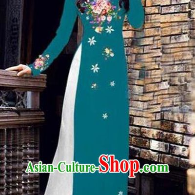 Traditional Top Grade Asian Vietnamese Costumes Classical Printing Peony Pattern Full Dress, Vietnam National Ao Dai Dress Catwalks Peacock Blue Qipao for Women