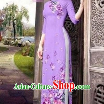 Traditional Top Grade Asian Vietnamese Costumes Classical Printing Flowers Silk Full Dress, Vietnam National Ao Dai Dress Catwalks Lilac Qipao for Women