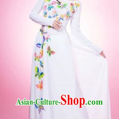 Traditional Top Grade Asian Vietnamese Costumes Classical Printing Butterfly Full Dress and Loose Pants, Vietnam National Ao Dai Dress White Qipao for Women