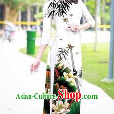 Traditional Top Grade Asian Vietnamese Costumes Classical Ink Painting Flowers Full Dress, Vietnam National Ao Dai Dress Catwalks White Qipao for Women