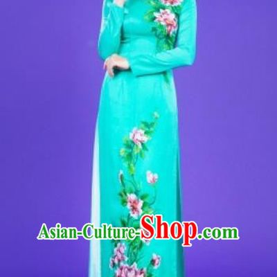 Traditional Top Grade Asian Vietnamese Costumes Classical Painting Flowers Full Dress, Vietnam National Ao Dai Dress Catwalks Blue Qipao for Women