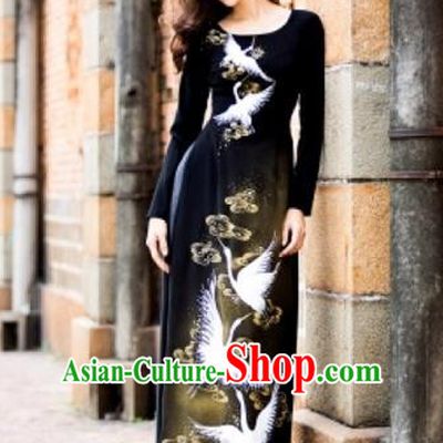 Traditional Top Grade Asian Vietnamese Costumes Classical Painting Cranes Full Dress, Vietnam National Ao Dai Dress Catwalks Black Qipao for Women