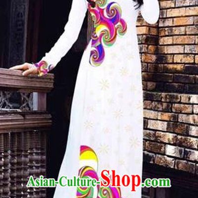Traditional Top Grade Asian Vietnamese Costumes Classical Printing Full Dress, Vietnam National Ao Dai Dress Catwalks White Qipao for Women