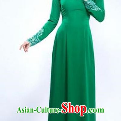 Traditional Top Grade Asian Vietnamese Costumes Classical Hand Embroidery Full Dress and Loose Pants, Vietnam National Ao Dai Dress Green Qipao for Women