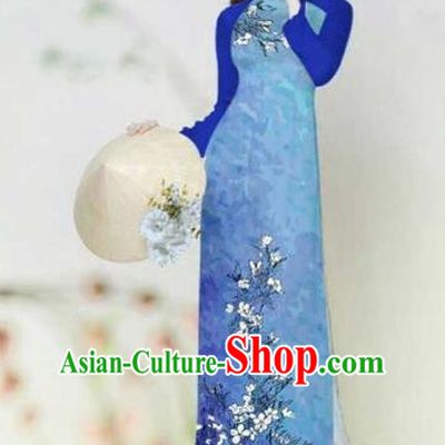 Traditional Top Grade Asian Vietnamese Costumes Classical Printing Plum Blossom Full Dress, Vietnam National Ao Dai Dress Catwalks Blue Qipao for Women