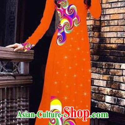Traditional Top Grade Asian Vietnamese Costumes Classical Printing Full Dress, Vietnam National Ao Dai Dress Catwalks Orange Qipao for Women