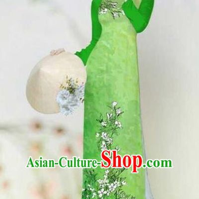 Traditional Top Grade Asian Vietnamese Costumes Classical Printing Plum Blossom Full Dress, Vietnam National Ao Dai Dress Catwalks Green Qipao for Women