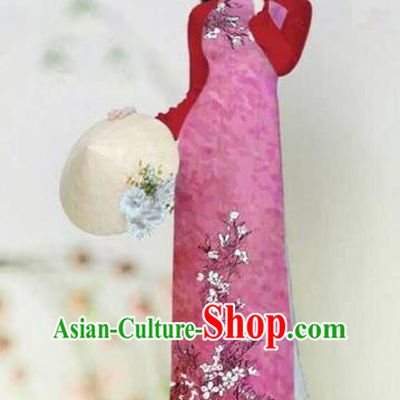 Traditional Top Grade Asian Vietnamese Costumes Classical Printing Plum Blossom Full Dress, Vietnam National Ao Dai Dress Catwalks Rosy Qipao for Women