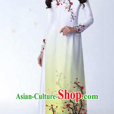 Traditional Top Grade Asian Vietnamese Costumes Classical Printing Plum Blossom Full Dress, Vietnam National Ao Dai Dress Catwalks White Qipao for Women