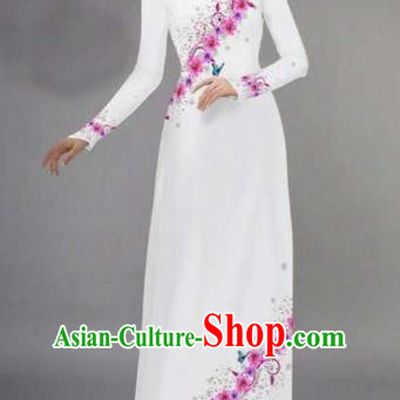 Traditional Top Grade Asian Vietnamese Costumes Classical Printing Full Dress, Vietnam National Ao Dai Dress Catwalks White Qipao for Women
