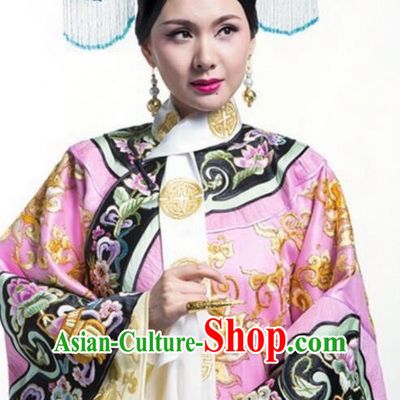Traditional Chinese Ancient Qing Dynasty Manchu Imperial Dowager Costume and Handmade Headpiece Complete Set, Above The Clouds Chinese Mandarin Nobility Robes Imperial Concubine Embroidered Clothing for Women