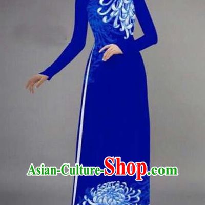 Traditional Top Grade Asian Vietnamese Costumes Classical Printing Chrysanthemum Full Dress, Vietnam National Ao Dai Dress Catwalks Blue Qipao for Women