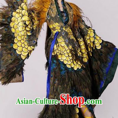 Traditional Chinese Ancient Su Daji Palace Dance Costume and Handmade Headpiece Complete Set, Above The Clouds China Royal Lady Peacock Feathers Dance Clothing for Women