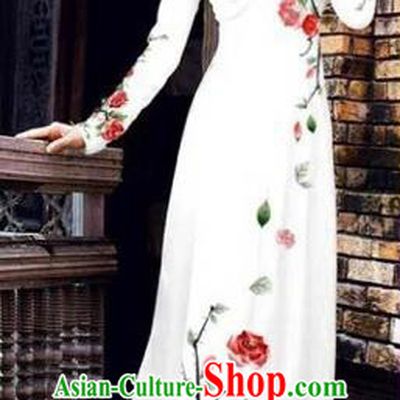 Traditional Top Grade Asian Vietnamese Costumes Classical Printing Flowers Full Dress, Vietnam National Ao Dai Dress Catwalks White Qipao for Women