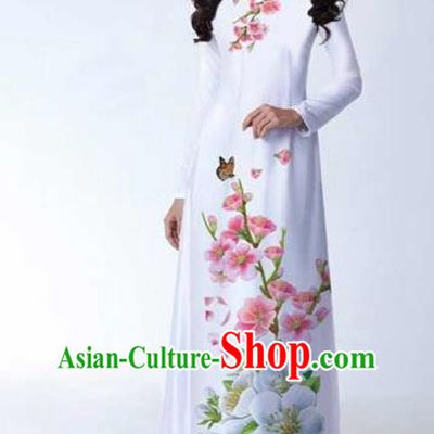 Traditional Top Grade Asian Vietnamese Costumes Classical Printing Peach Blossom Full Dress, Vietnam National Ao Dai Dress Catwalks White Qipao for Women