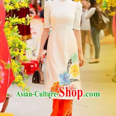 Traditional Top Grade Asian Vietnamese Costumes Classical Printing Flowers Full Dress, Vietnam National Ao Dai Dress Catwalks White Short Qipao for Women