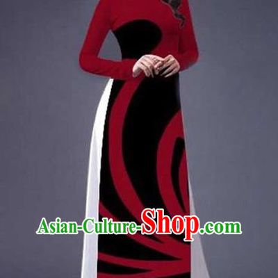 Traditional Top Grade Asian Vietnamese Costumes Classical Stripe Printing Full Dress, Vietnam National Ao Dai Dress Catwalks Wine Red Qipao for Women