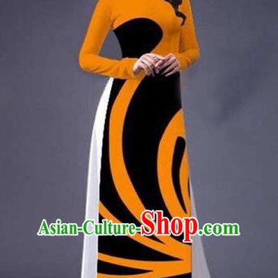 Traditional Top Grade Asian Vietnamese Costumes Classical Stripe Printing Full Dress, Vietnam National Ao Dai Dress Catwalks Orange Qipao for Women