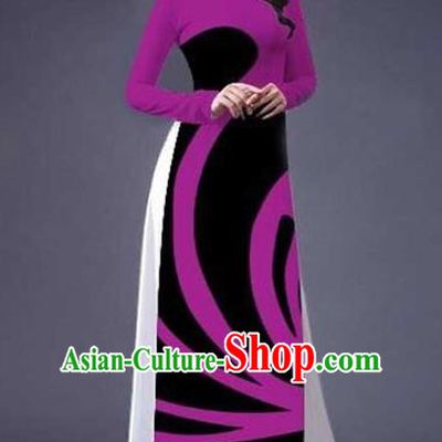 Traditional Top Grade Asian Vietnamese Costumes Classical Stripe Printing Full Dress, Vietnam National Ao Dai Dress Catwalks Rosy Qipao for Women