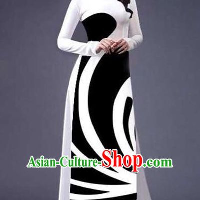 Traditional Top Grade Asian Vietnamese Costumes Classical Stripe Printing Full Dress, Vietnam National Ao Dai Dress Catwalks White Qipao for Women