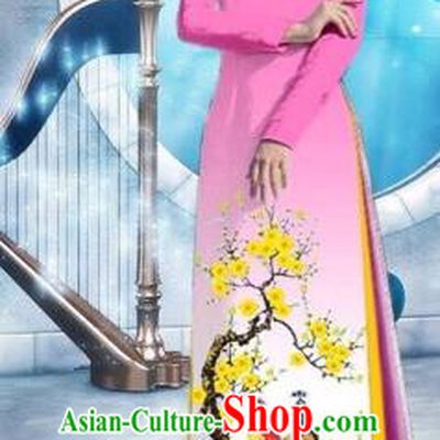 Traditional Top Grade Asian Vietnamese Costumes Classical Printing Peacock Full Dress, Vietnam National Ao Dai Dress Catwalks Debutante Pink Qipao for Women