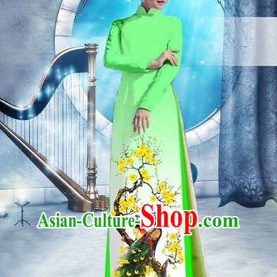 Traditional Top Grade Asian Vietnamese Costumes Classical Printing Peacock Full Dress, Vietnam National Ao Dai Dress Catwalks Debutante Green Qipao for Women