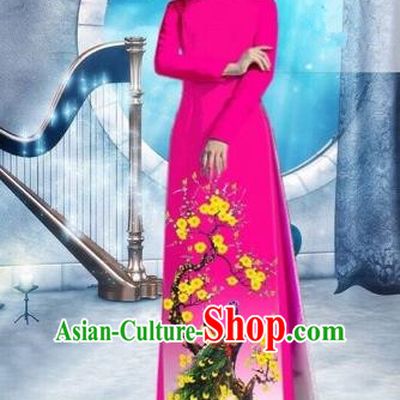 Traditional Top Grade Asian Vietnamese Costumes Classical Printing Peacock Full Dress, Vietnam National Ao Dai Dress Catwalks Debutante Rosy Qipao for Women