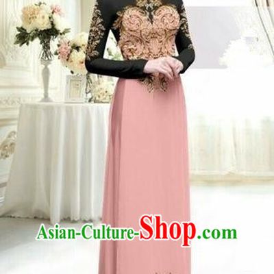 Traditional Top Grade Asian Vietnamese Costumes Classical Printing Full Dress, Vietnam National Ao Dai Dress Catwalks Debutante Lace Pink Qipao for Women