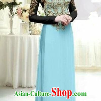 Traditional Top Grade Asian Vietnamese Costumes Classical Printing Full Dress, Vietnam National Ao Dai Dress Catwalks Debutante Lace Blue Qipao for Women
